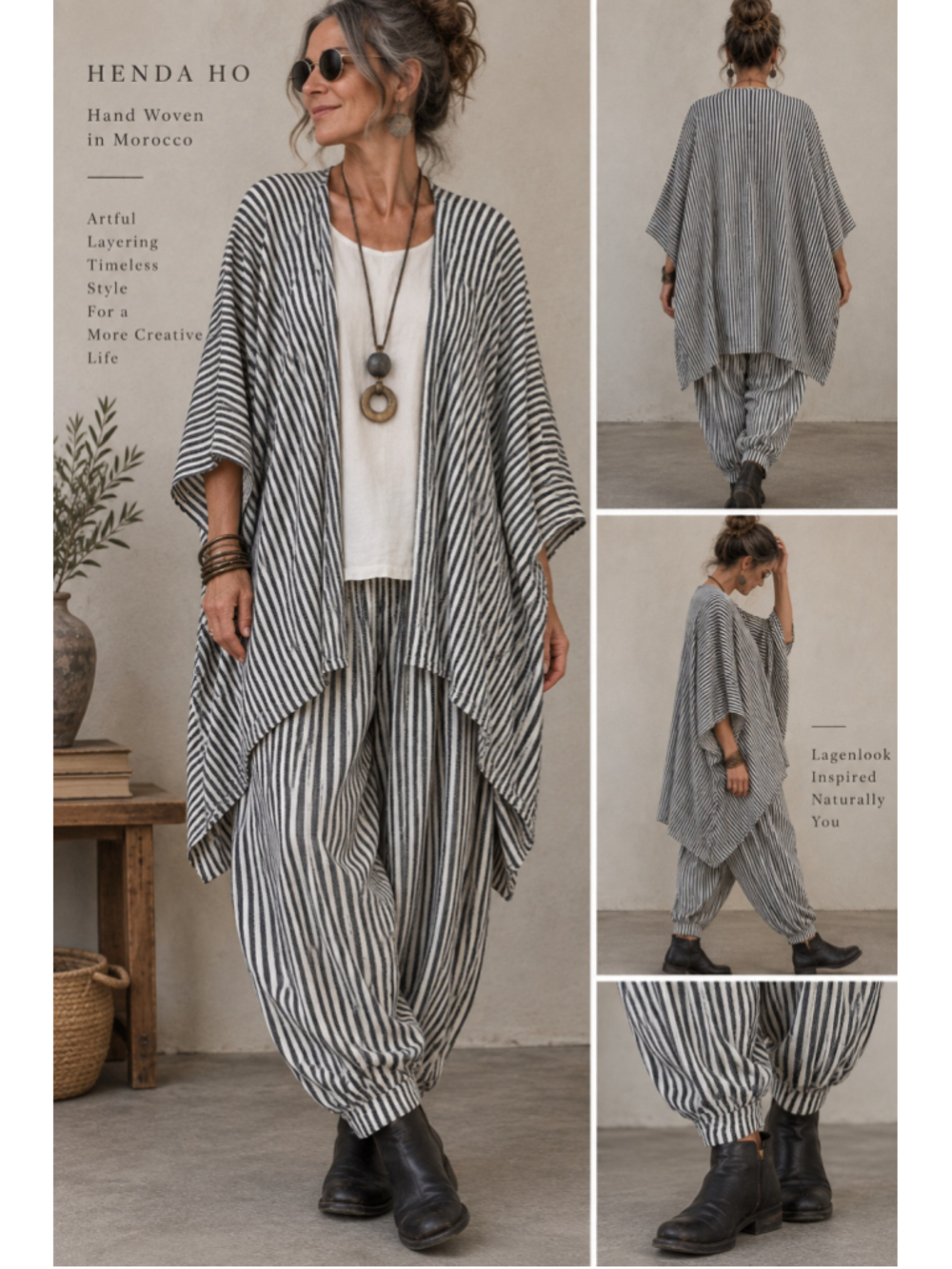 Henda Ho Hand Woven Morocco Striped 2 Piece Lagenlook Boho Set Free Size